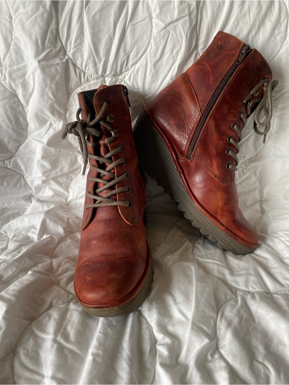 Fly London Rust Brown Leather Wedge Ankle Boots
